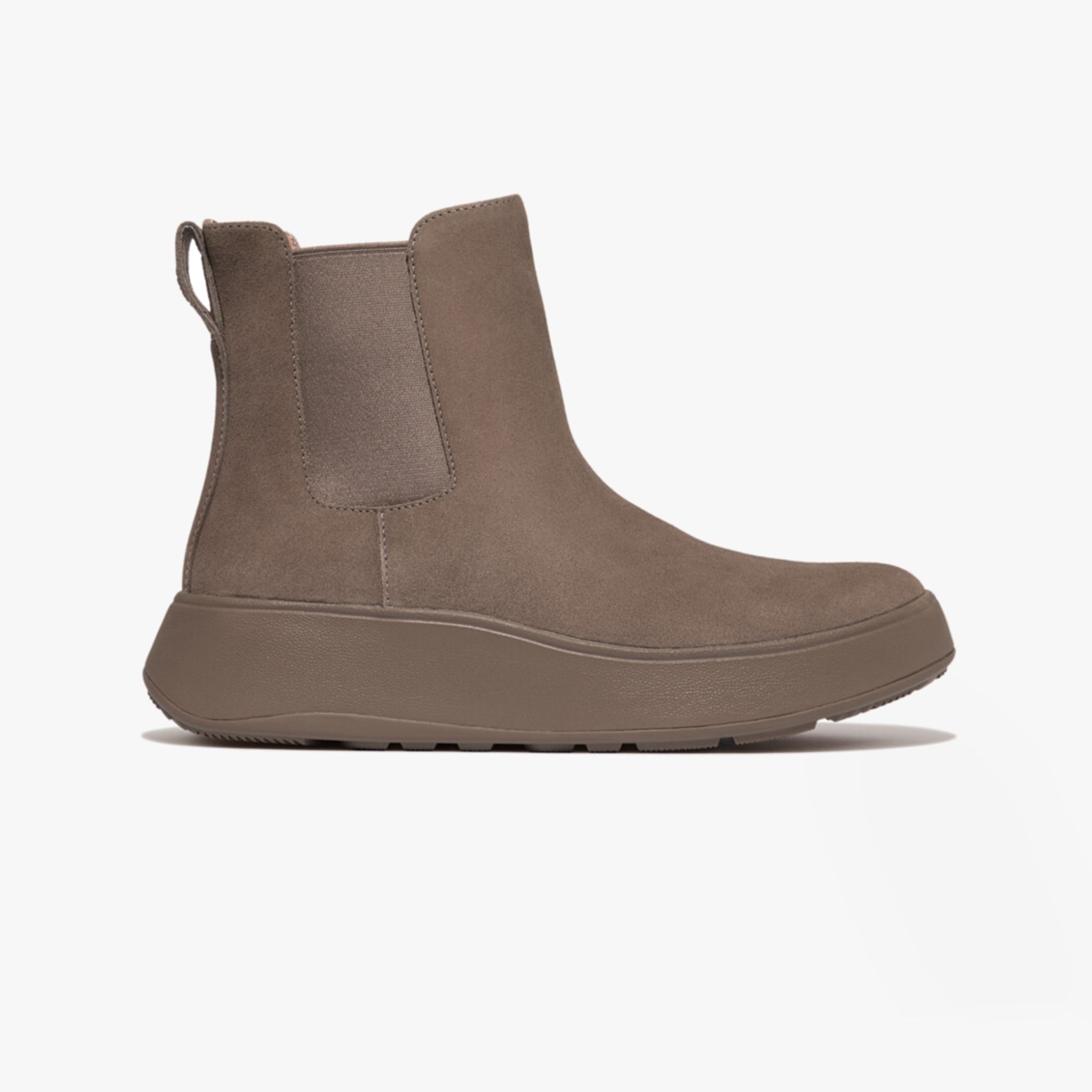 FitFlop F-MODE SUEDE FLATFORM Womens Chelsea Boots Minky Grey side view showcasing suede upper and platform sole.