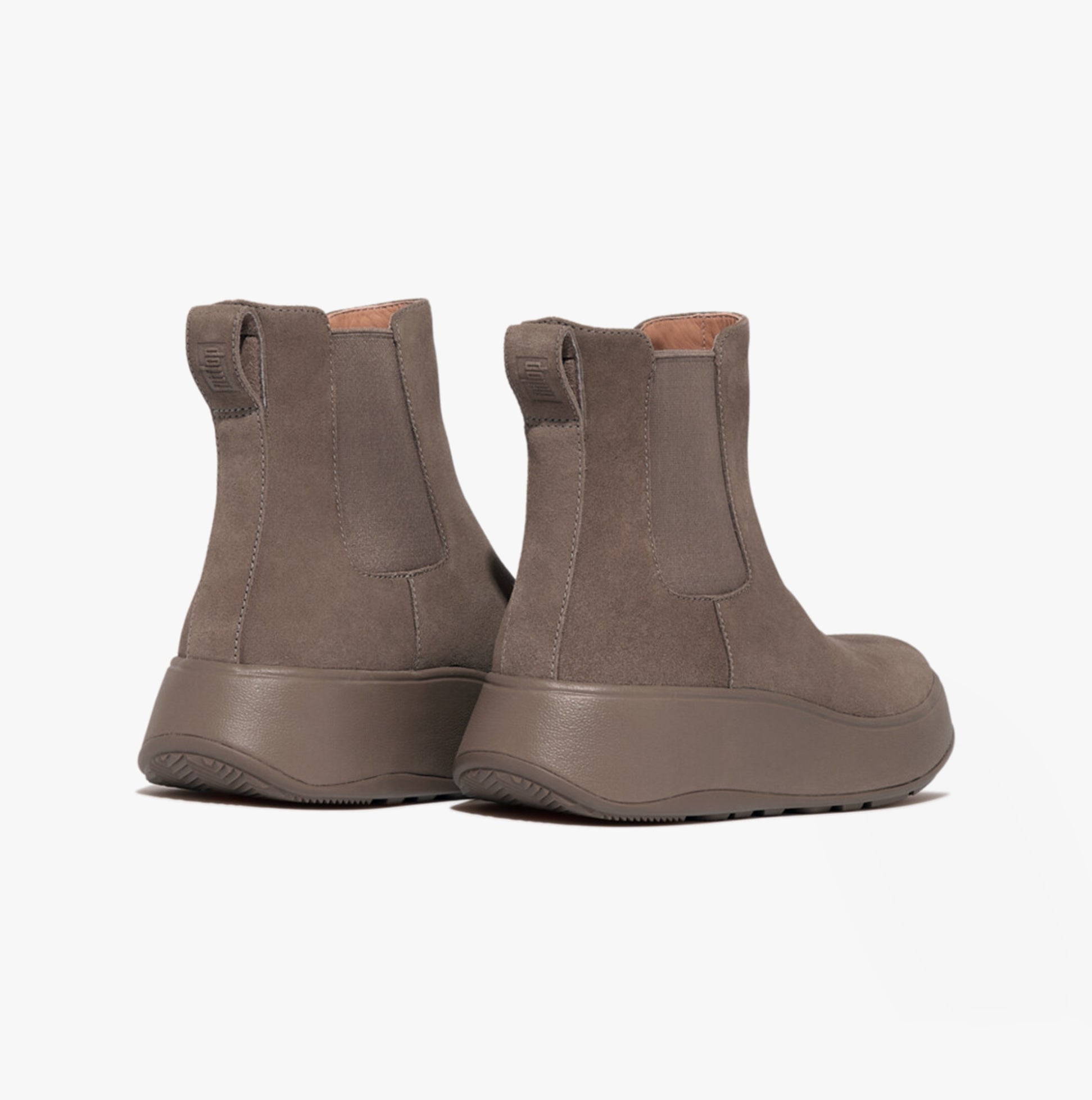 FitFlop F-MODE SUEDE FLATFORM Womens Chelsea Boots Minky Grey back view with elasticated side panels and platform sole.