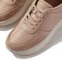 FitFlop F-MODE LEATHER Womens Flatform Trainers Classic Beige top view showcasing lace-up design and mixed leather textures.