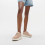 FitFlop F-MODE LEATHER Womens Flatform Trainers Classic Beige shown in side view with model wearing denim shorts.