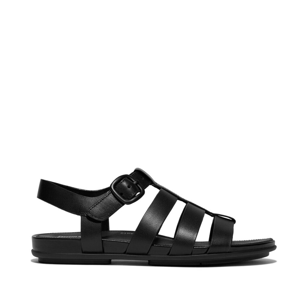 FitFlop GRACIE RUBBER-BUCKLE Womens Fisherman Sandals All Black side view showcasing the leather upper and buckle fastening.
