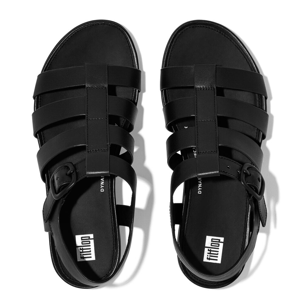 FitFlop GRACIE RUBBER-BUCKLE Womens Fisherman Sandals All Black top view showcasing black leather upper and buckle.