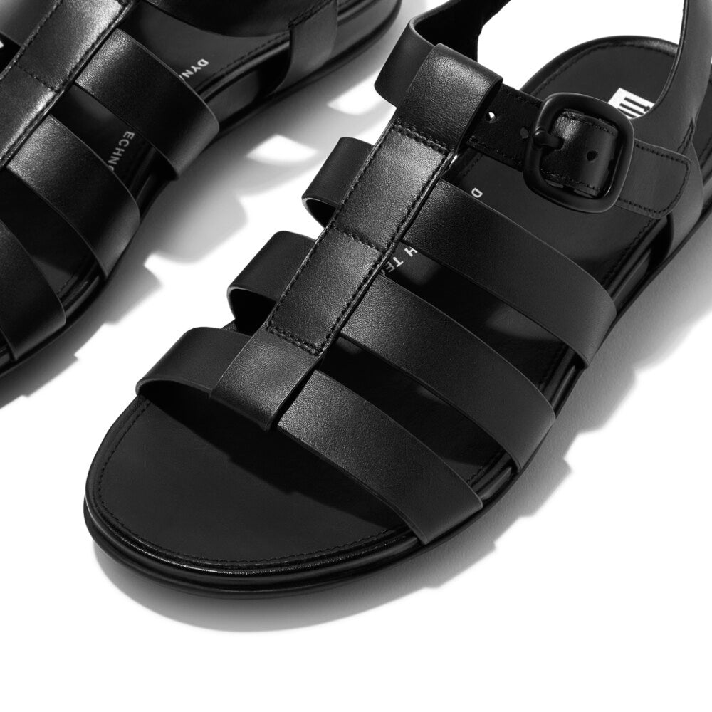 FitFlop GRACIE RUBBER-BUCKLE Womens Fisherman Sandals All Black side view with rubber straps and buckle detail.
