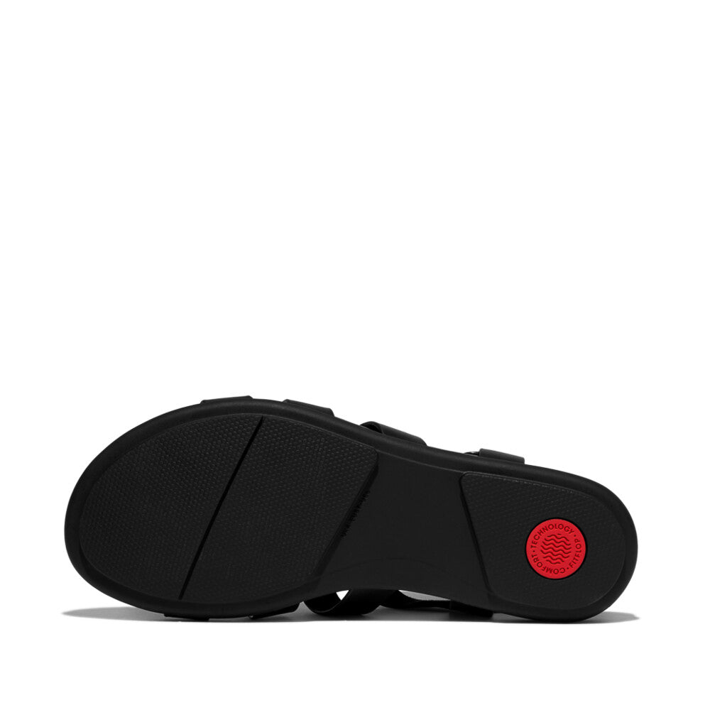 FitFlop GRACIE RUBBER-BUCKLE Womens Fisherman Sandals All Black bottom view showcasing rubber sole and buckle details.