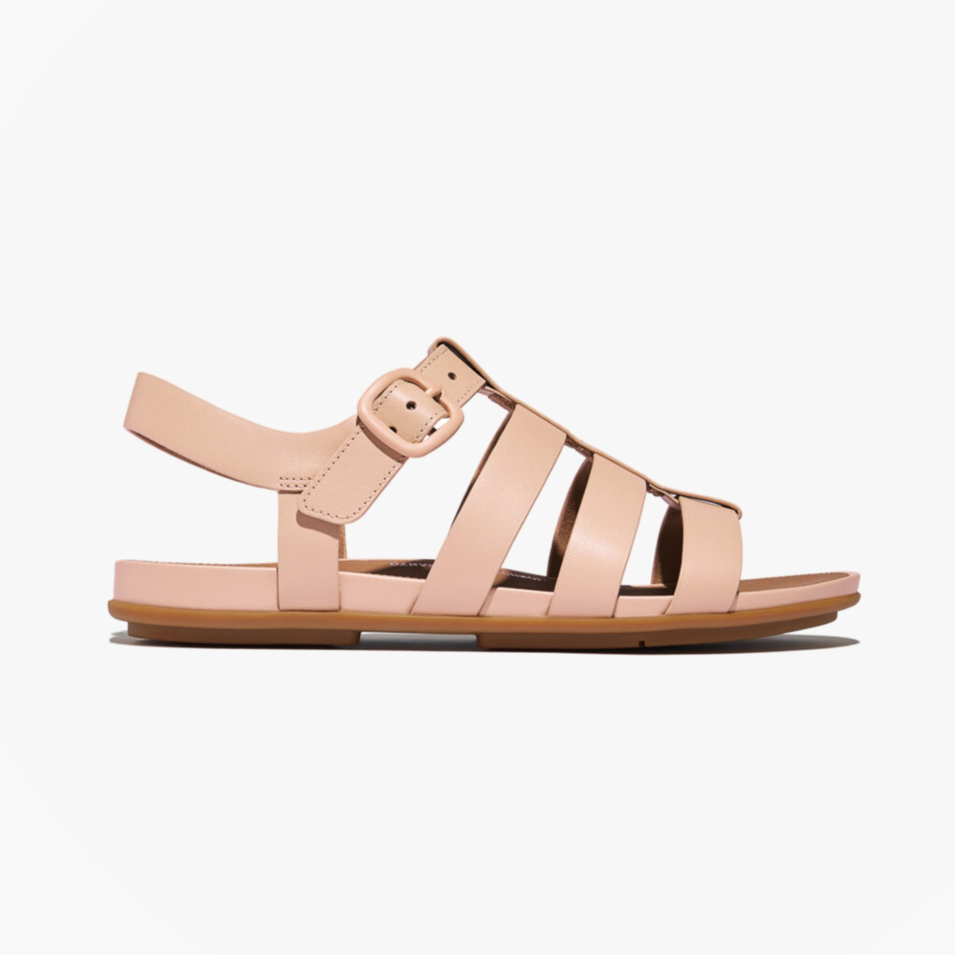 FitFlop GRACIE RUBBER-BUCKLE Womens Fisherman Sandals Sandy Beige side view showcasing the stylish buckle and rubber sole.