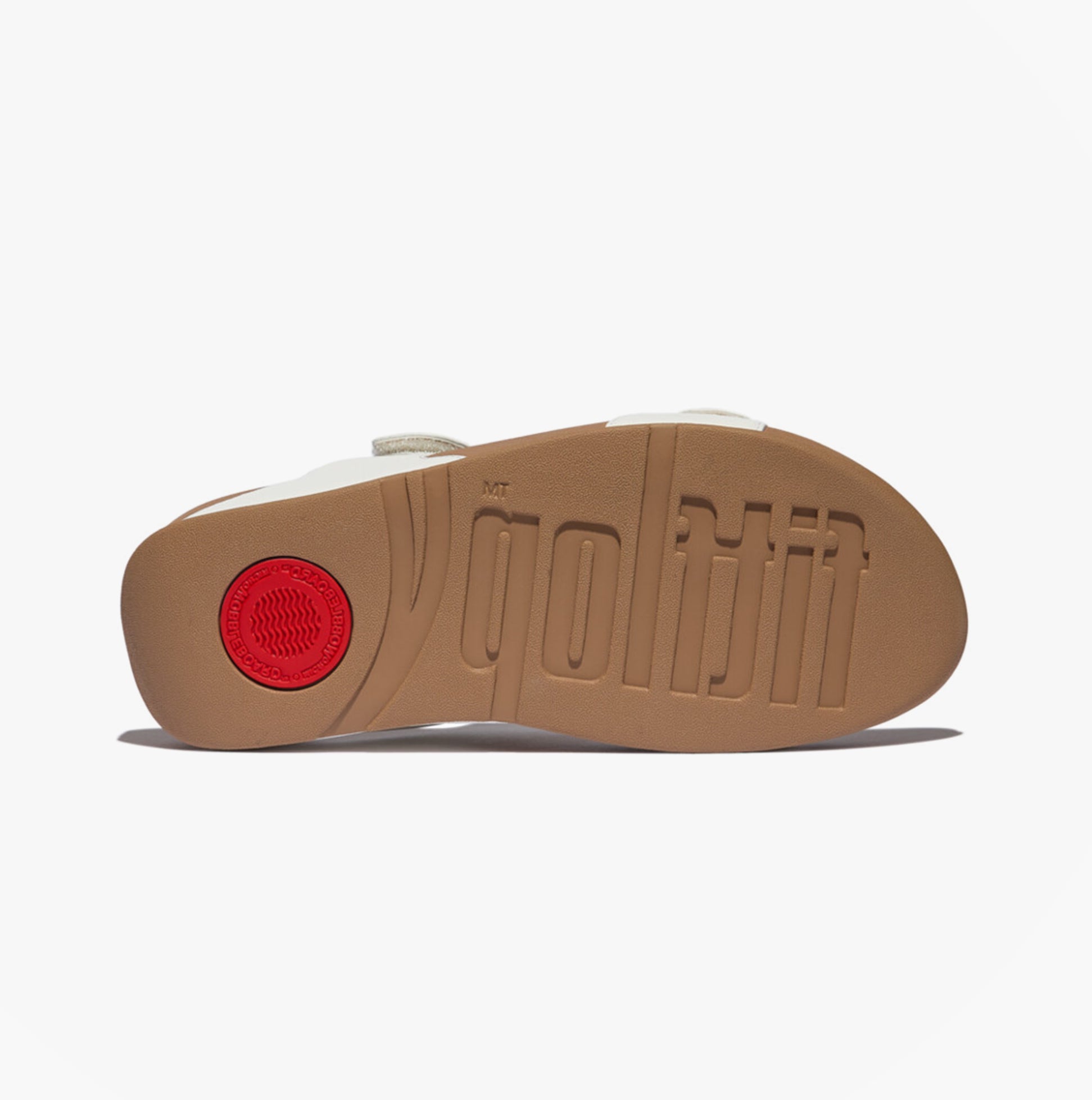 FitFlop LULU ADJUSTABLE Womens Slides Urban White bottom view showing rubber sole and brand logo details.