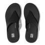 FitFlop F-MODE LEATHER FLATFORM Womens Toe Post Sandals All Black top view featuring sleek black leather and comfortable design.