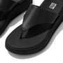 FitFlop F-MODE LEATHER FLATFORM Womens Toe Post Sandals All Black top view showcasing sleek design and comfortable strap.