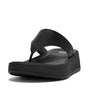 FitFlop F-MODE LEATHER FLATFORM Womens Toe Post Sandals All Black side view showing elegant design and platform heel.
