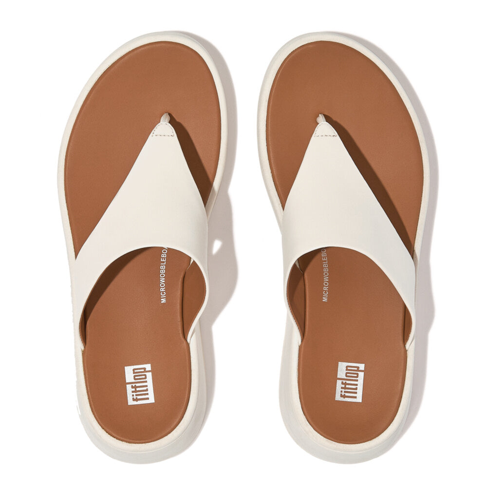 FitFlop F-MODE LEATHER FLATFORM Womens Toe Post Sandals Cream top view showing leather design and slip-on style.