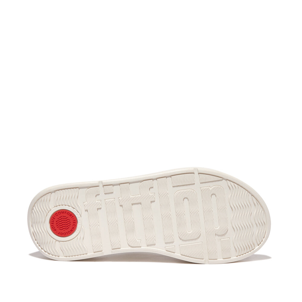FitFlop F-MODE LEATHER FLATFORM Womens Toe Post Sandals Cream bottom view showing rubber sole with red detail.