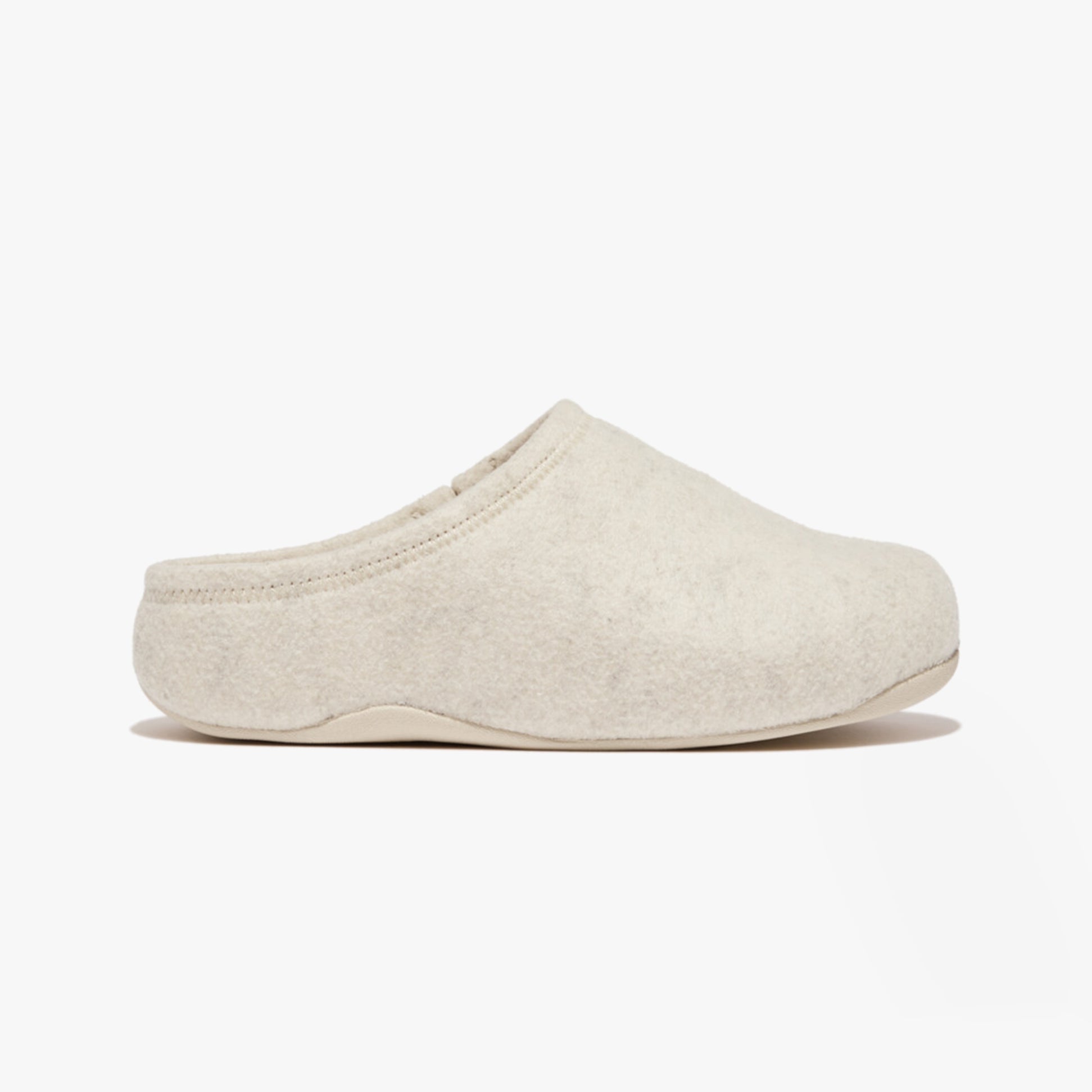 FitFlop SHUV e01 Womens Clog Slippers Ivory side view showing soft felt upper and slip-on design.