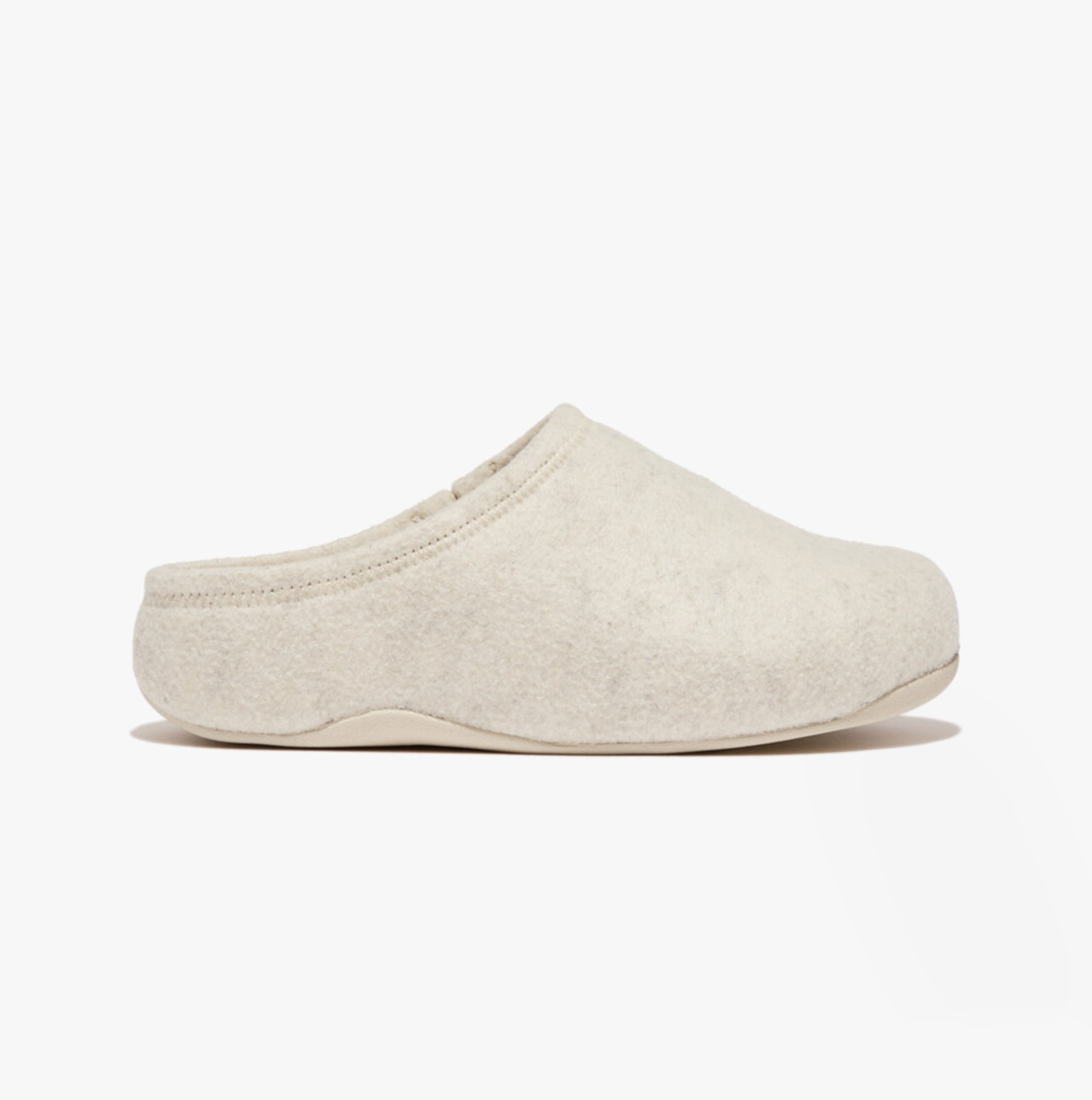 FitFlop SHUV e01 Womens Clog Slippers Ivory side view showing soft felt upper and slip-on design.