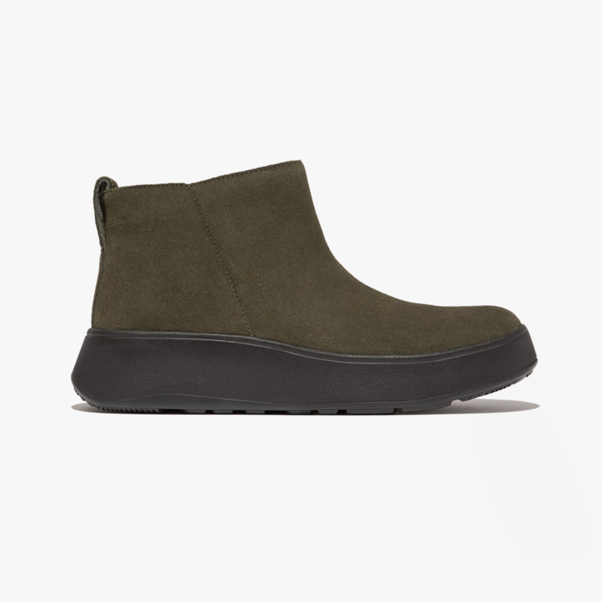 FitFlop F-MODE SUEDE FLATFORM Womens Ankle Boots Deep Olive side view with platform sole and suede upper.