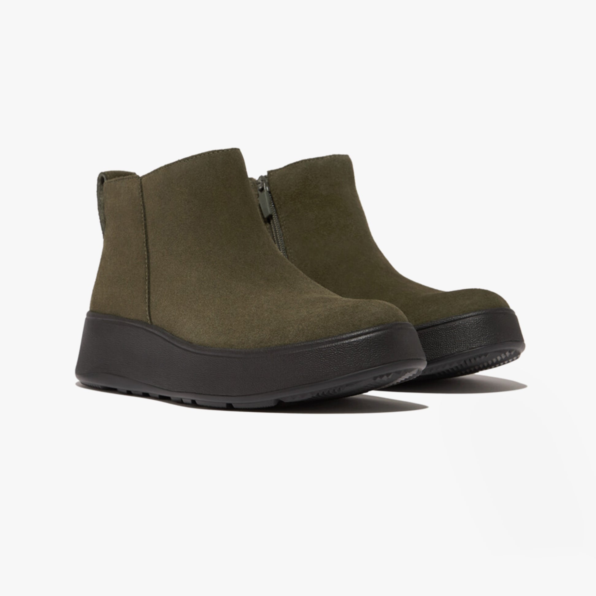 FitFlop F-MODE SUEDE FLATFORM Womens Ankle Boots Deep Olive side view showing sleek suede upper and platform sole.