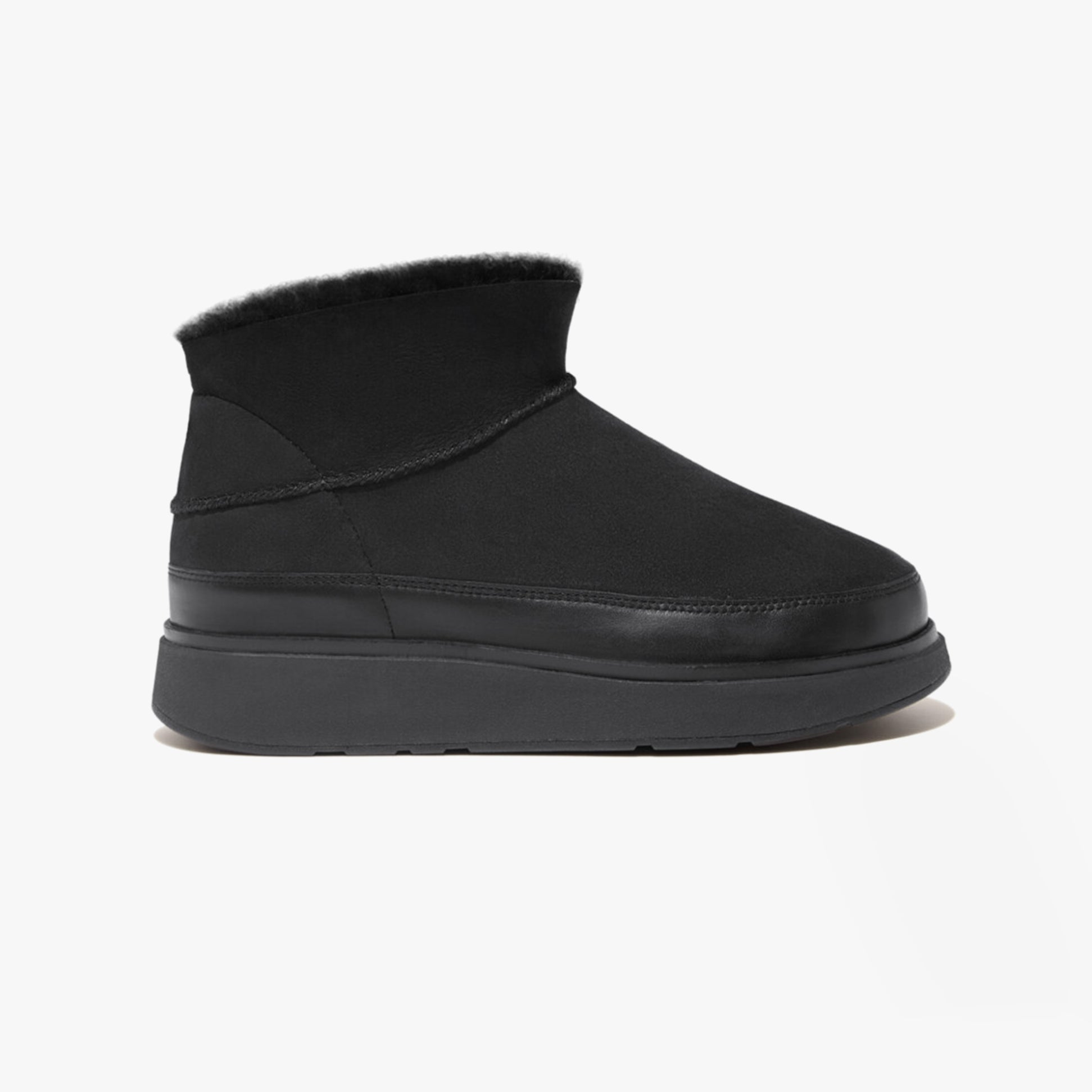 FitFlop GEN-FF ULTRA-MINI Womens Boots All Black side view showcasing shearling design and rubber sole.