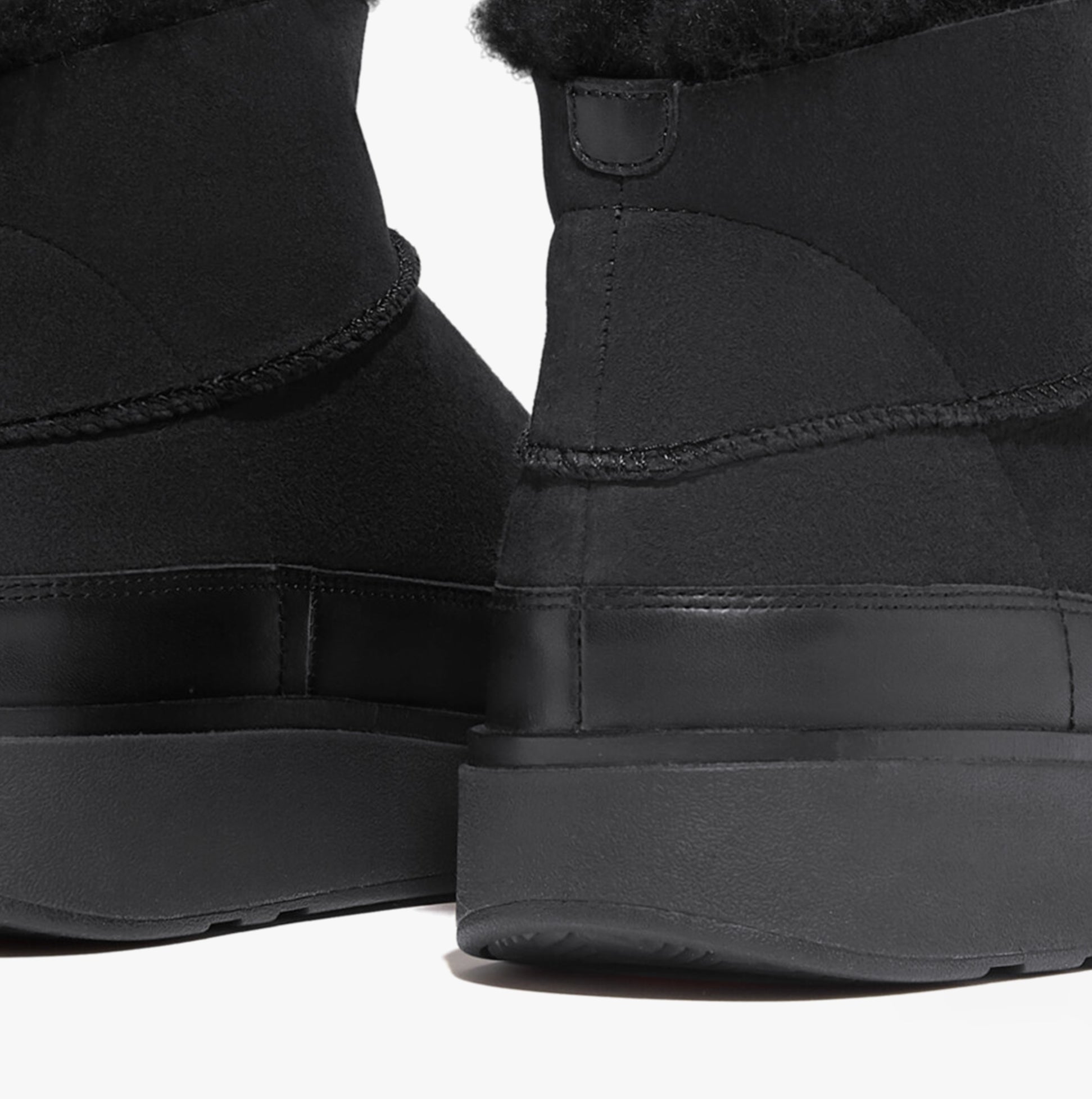 FitFlop GEN-FF ULTRA-MINI Womens Boots All Black rear view showing shearling and rubber sole details.