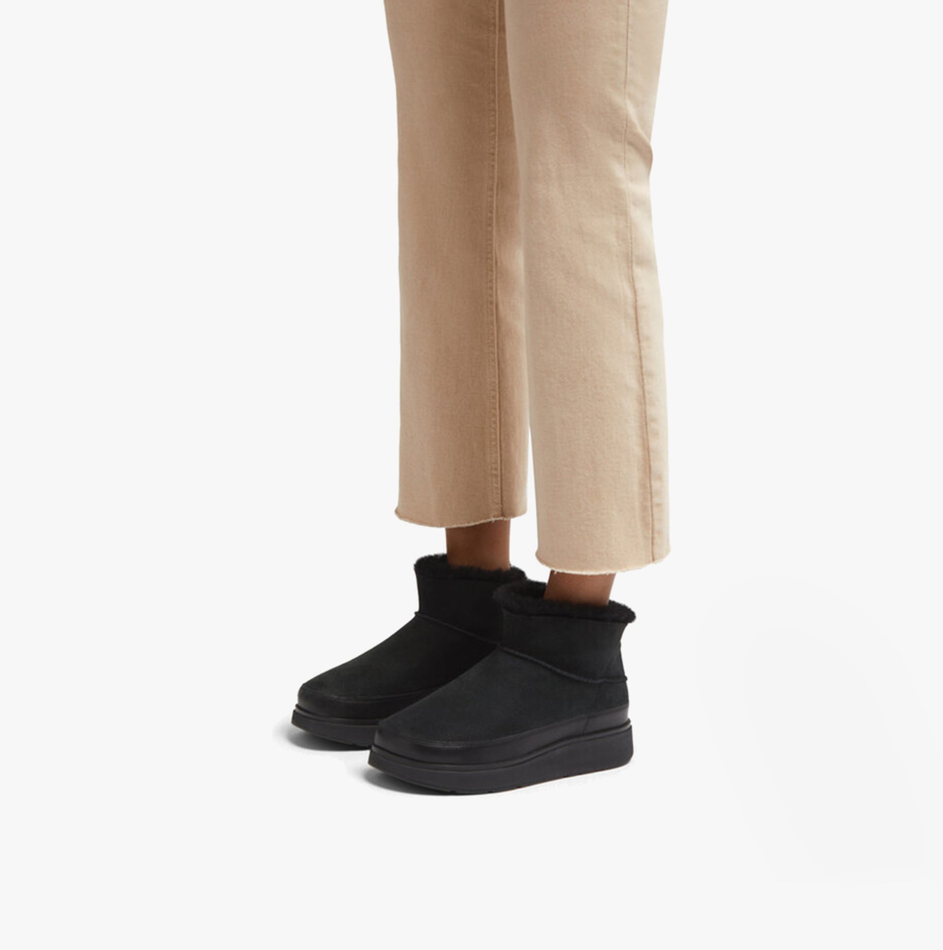FitFlop GEN-FF ULTRA-MINI Womens Boots All Black side view worn with beige trousers