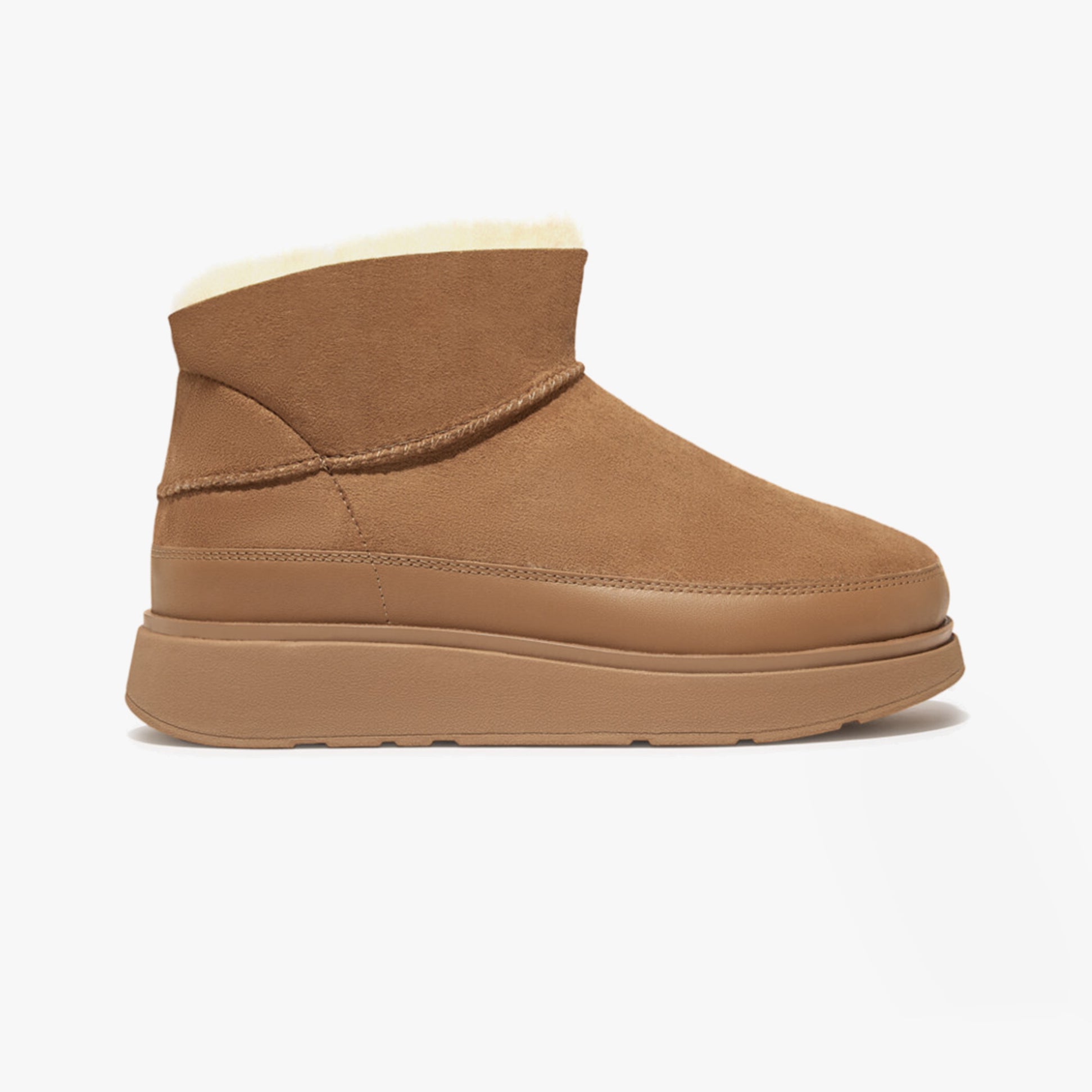FitFlop GEN-FF ULTRA-MINI Womens Boots Desert Tan side view showcasing shearling upper and rubber sole.