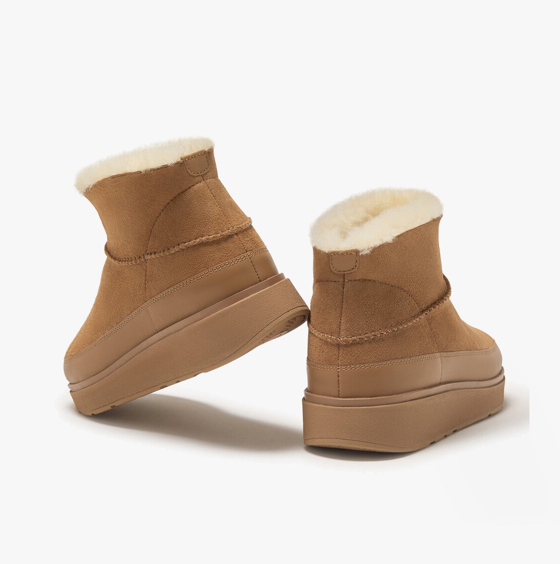FitFlop GEN-FF ULTRA-MINI Womens Boots Desert Tan back view showcasing shearling lining and rubber sole.