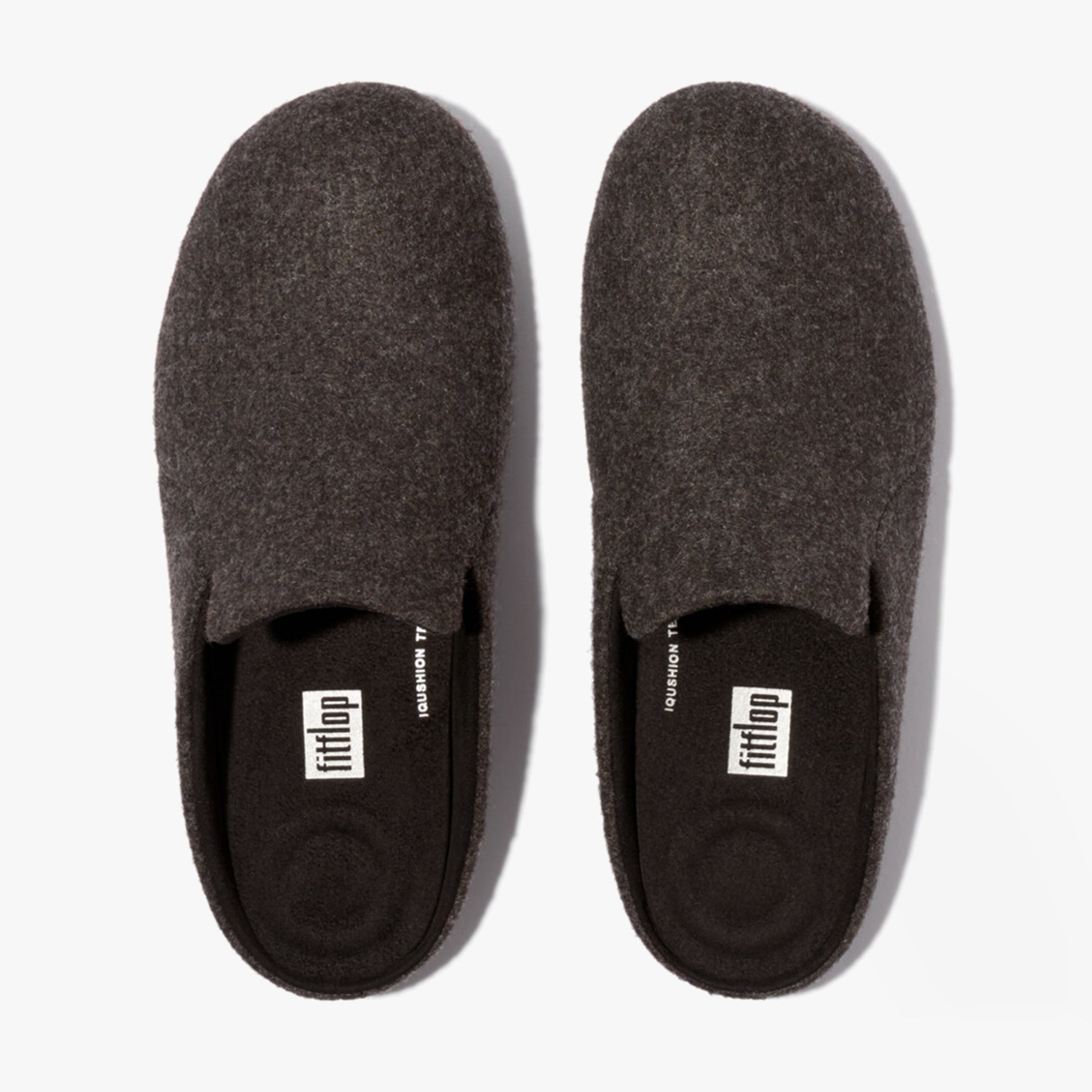 FitFlop CHRISSIE II HAUS E01 Womens Felt Slippers All Black top view showing side openings and soft felt upper.
