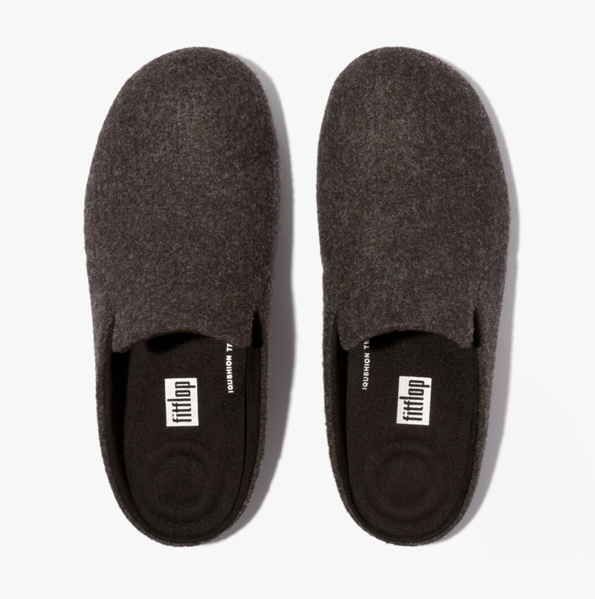 FitFlop CHRISSIE II HAUS E01 Womens Felt Slippers All Black top view showing side openings and soft felt upper.