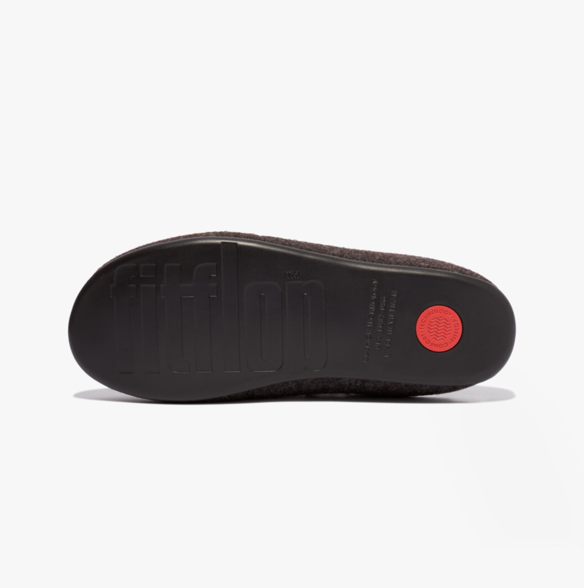 FitFlop CHRISSIE II HAUS E01 Womens Felt Slippers All Black bottom view showing rubber sole and logo detail.