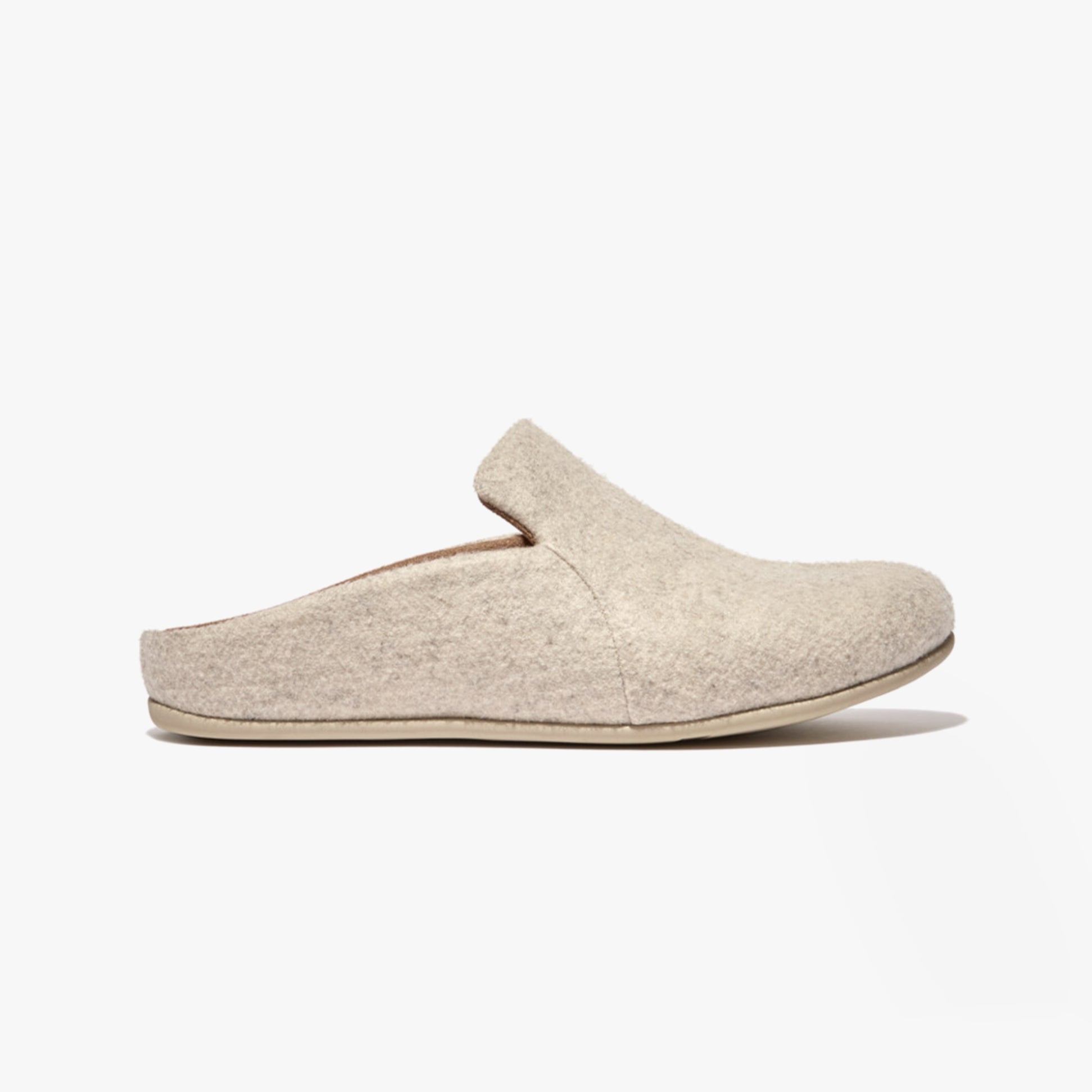 FitFlop CHRISSIE II HAUS E01 Womens Felt Slippers Ivory side view of felt mules with slip-on design.