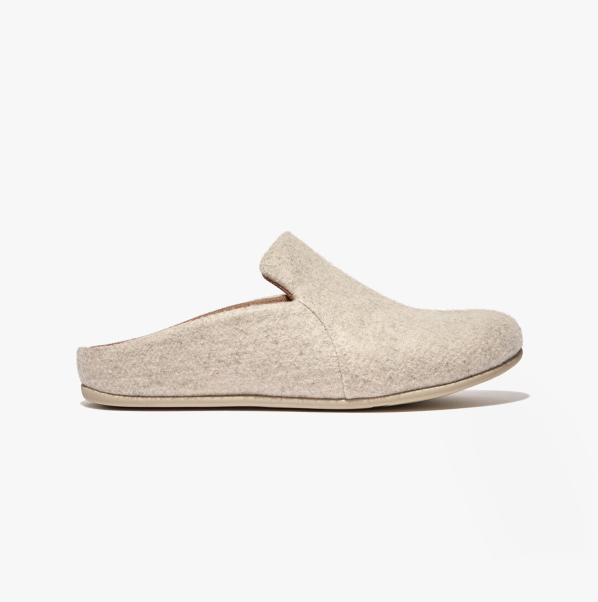 FitFlop CHRISSIE II HAUS E01 Womens Felt Slippers Ivory side view of felt mules with slip-on design.