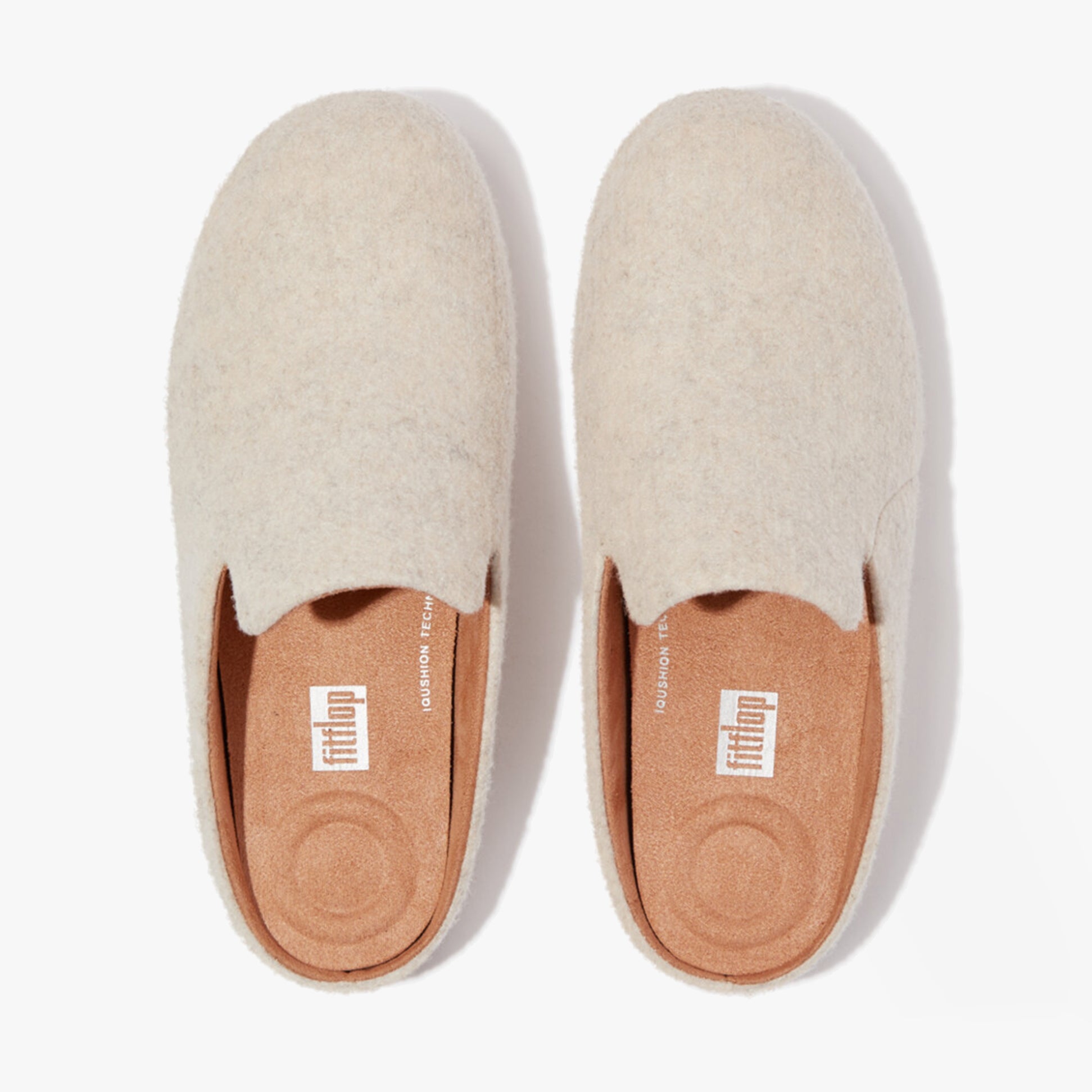 FitFlop CHRISSIE II HAUS E01 Womens Felt Slippers Ivory top view of mules with felt upper and microfiber lining.