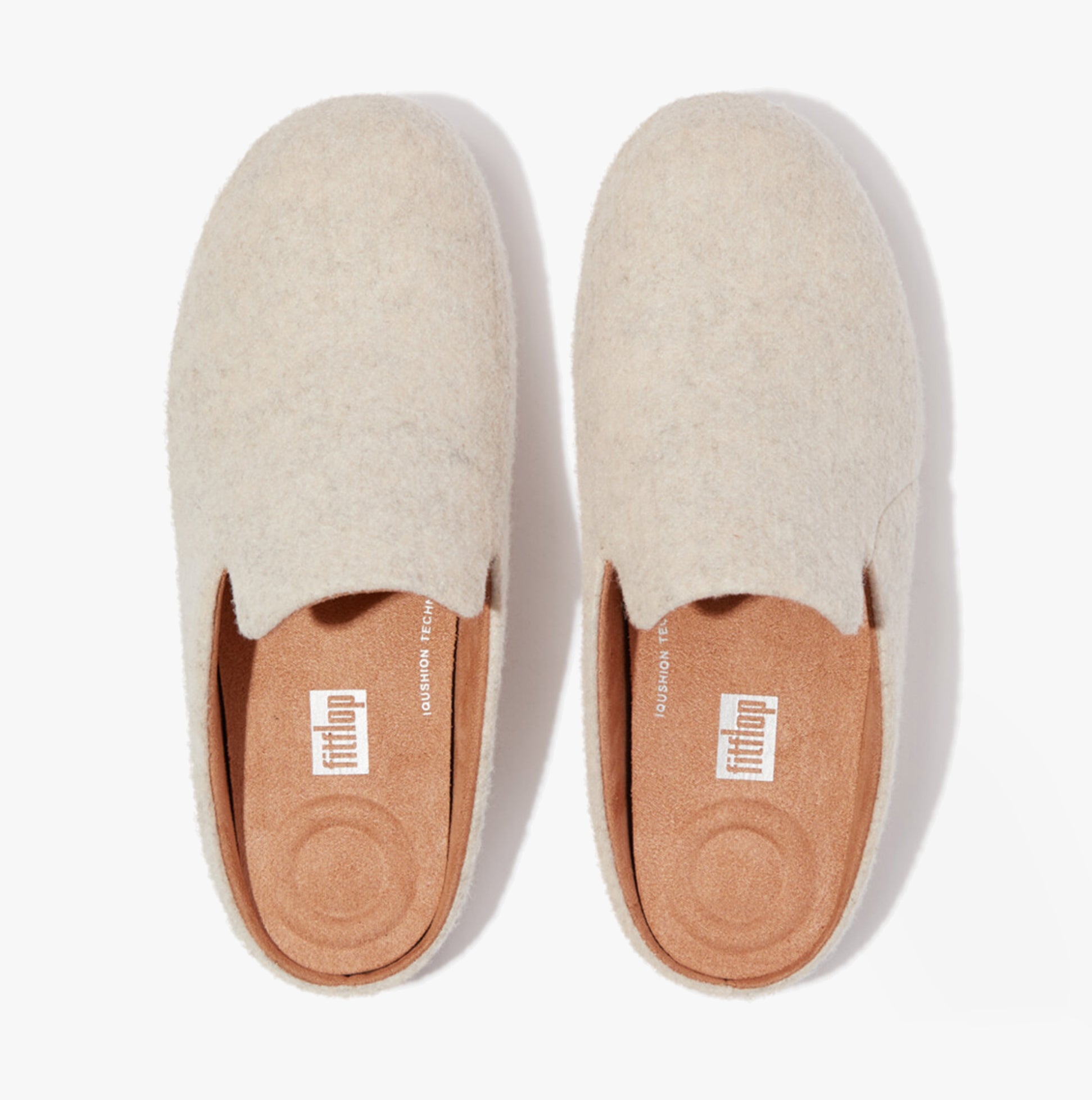 FitFlop CHRISSIE II HAUS E01 Womens Felt Slippers Ivory top view of mules with felt upper and microfiber lining.