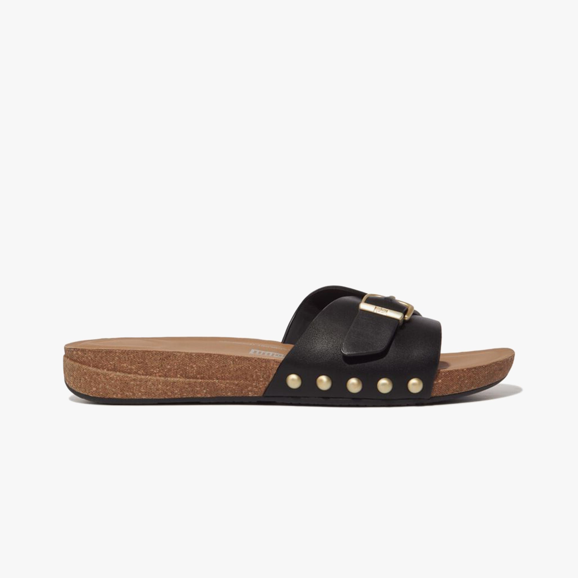 FitFlop iQUSHION ADJUSTABLE BUCKLE LEATHER Womens Slides Black side view showcasing leather strap and buckle detail.