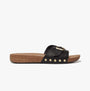 FitFlop iQUSHION ADJUSTABLE BUCKLE LEATHER Womens Slides Black side view showcasing leather strap and buckle detail.