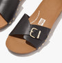 FitFlop iQUSHION ADJUSTABLE BUCKLE LEATHER Womens Slides Black detailed view showcasing leather upper and buckle design.