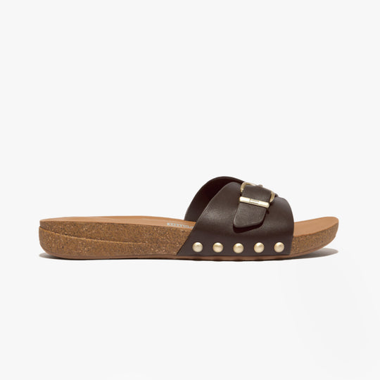 FitFlop iQUSHION ADJUSTABLE BUCKLE LEATHER Womens Slides Chocolate Brown