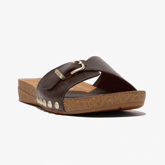 FitFlop iQUSHION ADJUSTABLE BUCKLE LEATHER Womens Slides Chocolate Brown