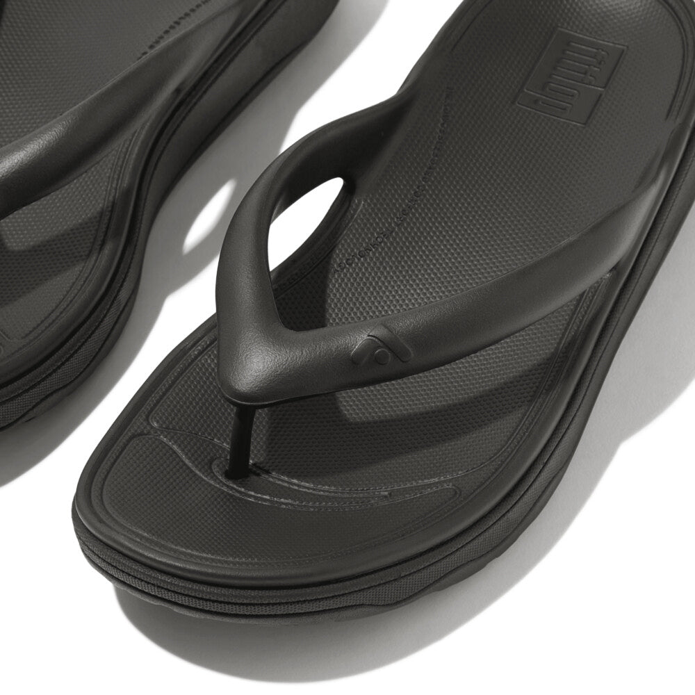 FitFlop RELIEFF RECOVERY Womens Toe Post Sandals Black detail view highlighting the comfortable EVA upper and rubber sole.