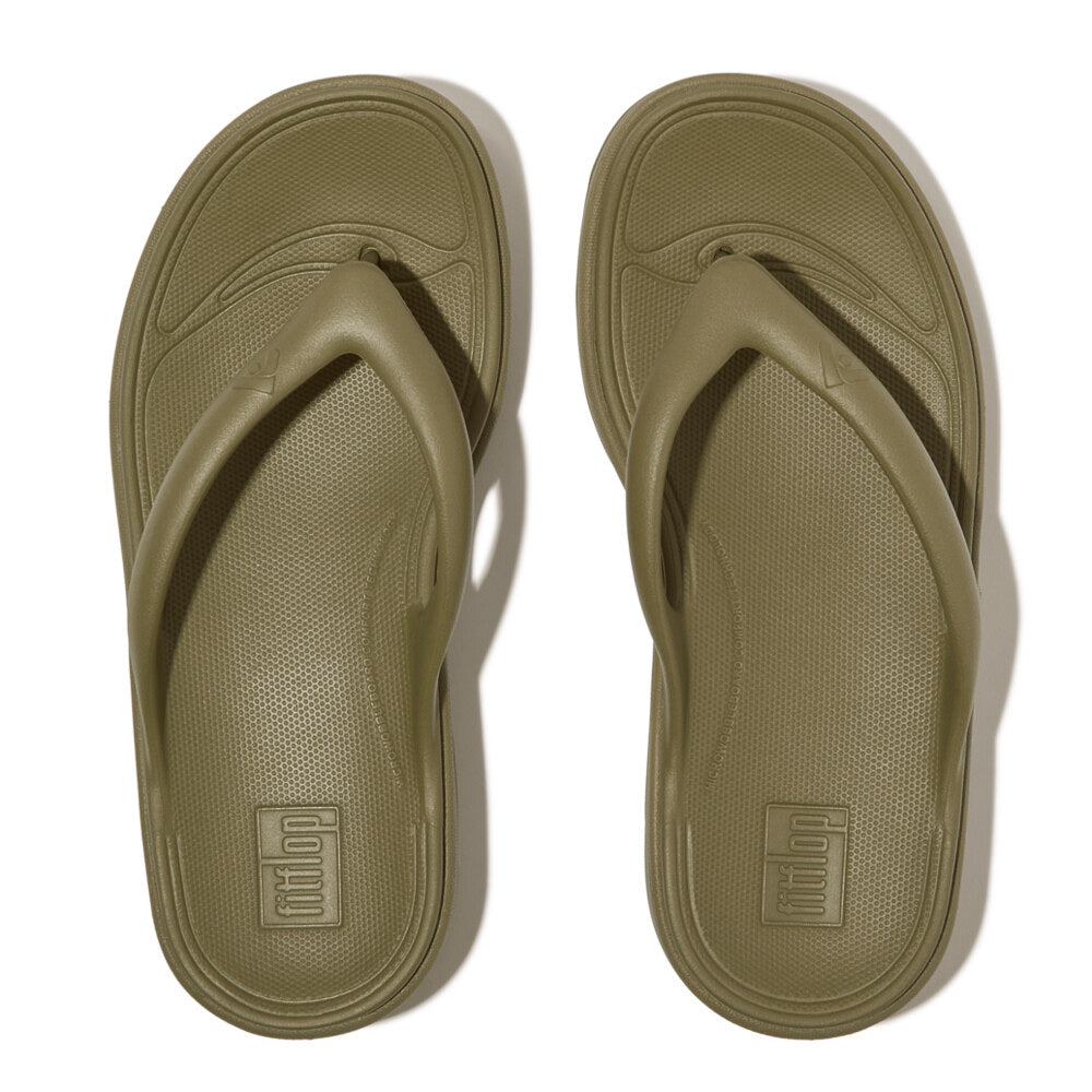 FitFlop RELIEFF RECOVERY Womens Toe Post Sandals Camo-Green top view, showcasing comfort and slip-resistant design.
