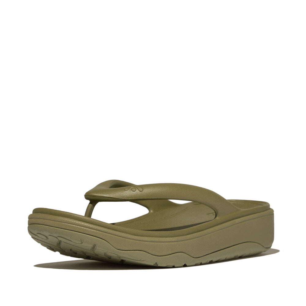 FitFlop RELIEFF RECOVERY Womens Toe Post Sandals Camo-Green side view showcasing slip-on design and cushioned sole.