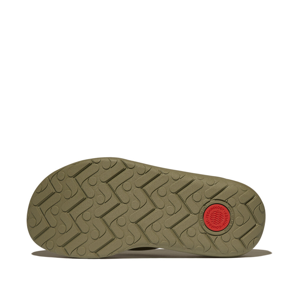 FitFlop RELIEFF RECOVERY Womens Toe Post Sandals Camo-Green sole view showing rubber grip pattern and red accent.