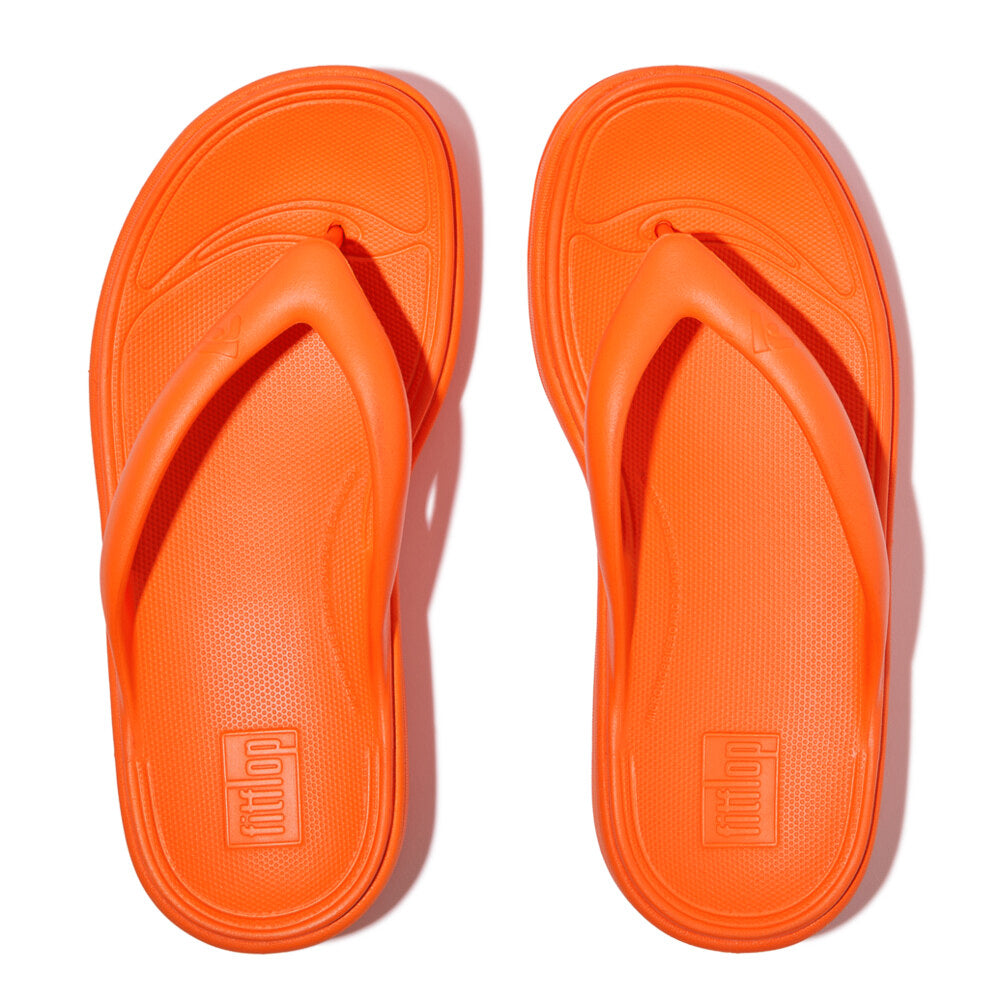 FitFlop RELIEFF RECOVERY Womens Toe Post Sandals Pop Orange top view showcasing bright orange color and slip-on design.