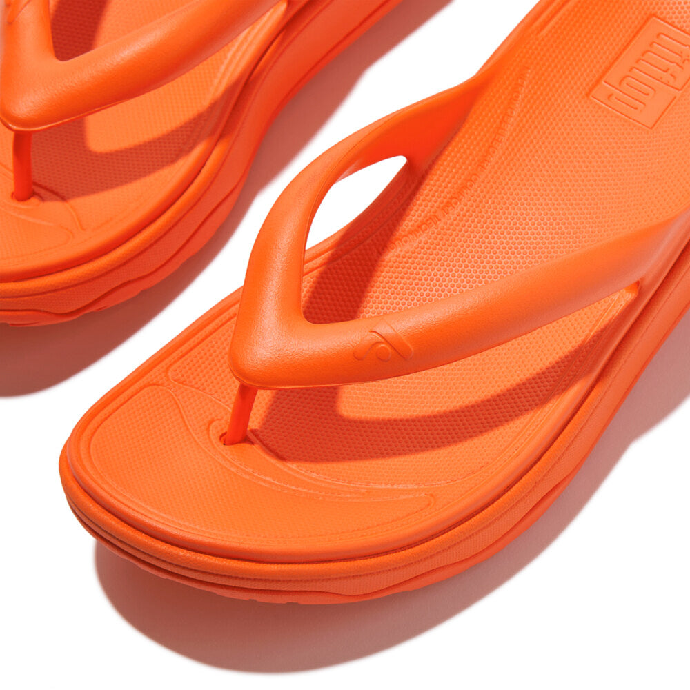 FitFlop RELIEFF RECOVERY Womens Toe Post Sandals Pop Orange detail view showcasing the vibrant color and ergonomic design.