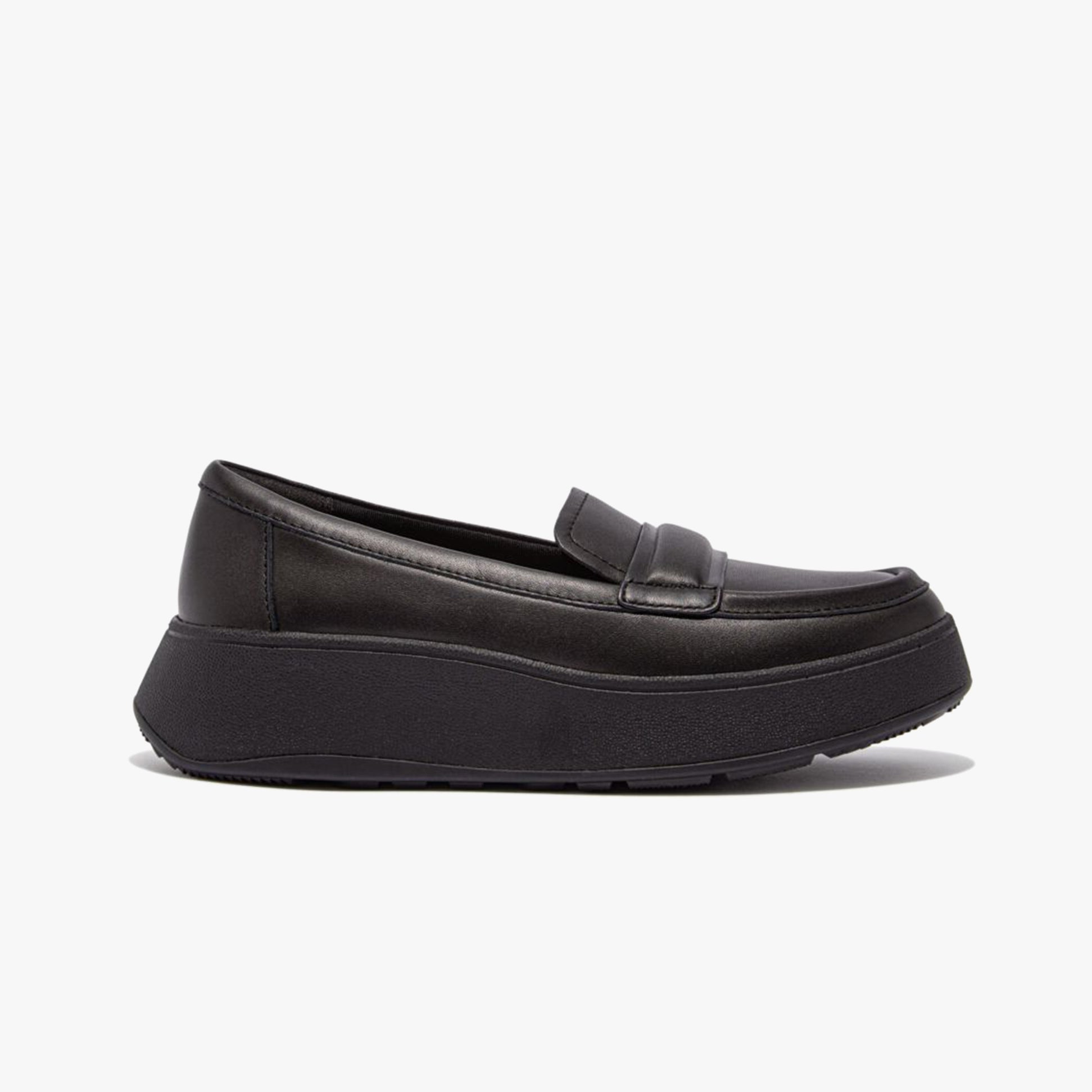 FitFlop F-MODE PADDED-DETAIL Womens Loafers All Black side view showcasing leather upper and platform sole.