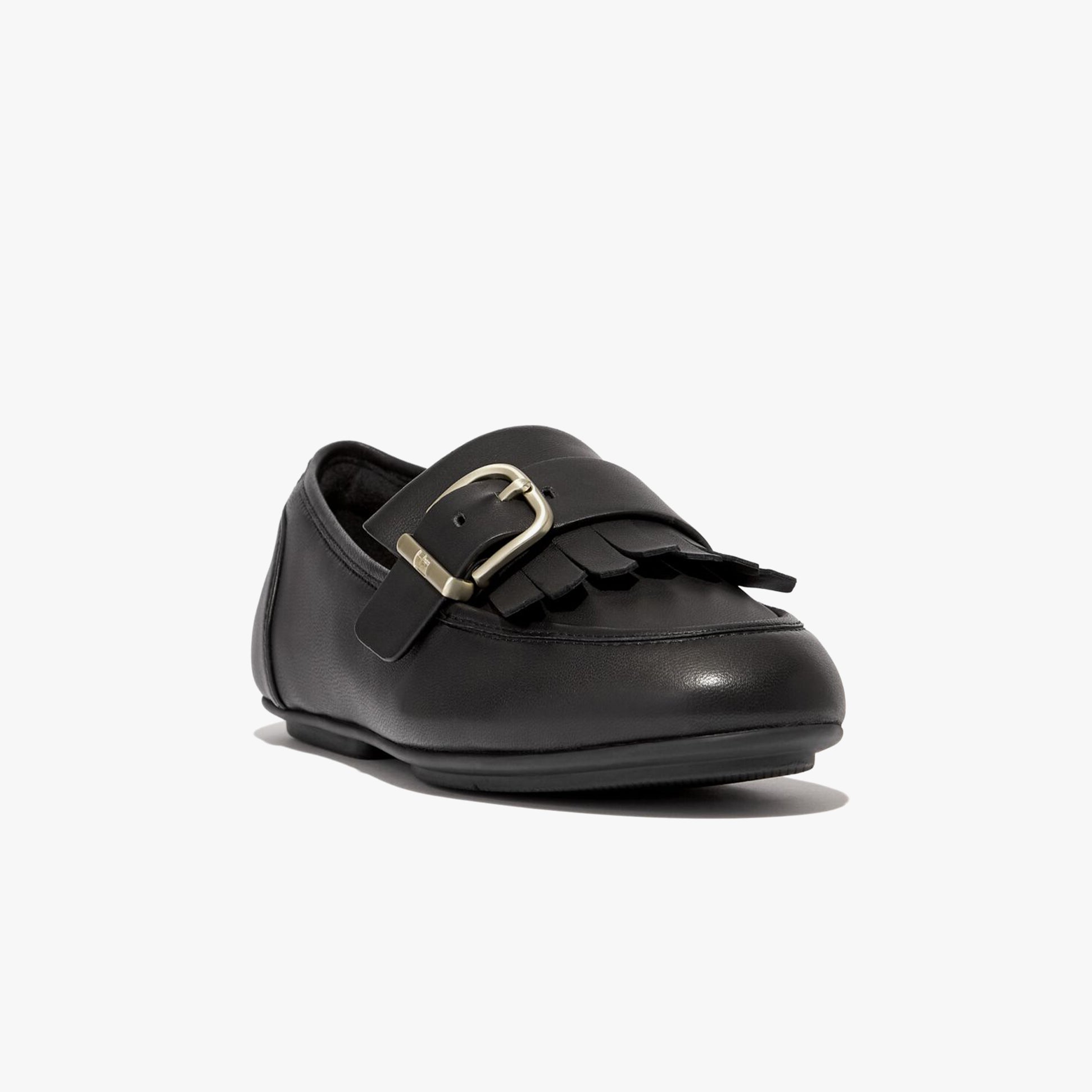 FitFlop ALLEGRO FRINGE BUCKLED Womens Loafers Black side view with fringe and buckle detail