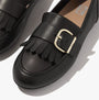 FitFlop ALLEGRO FRINGE BUCKLED Womens Loafers Black detail view with fringes and buckle accents.
