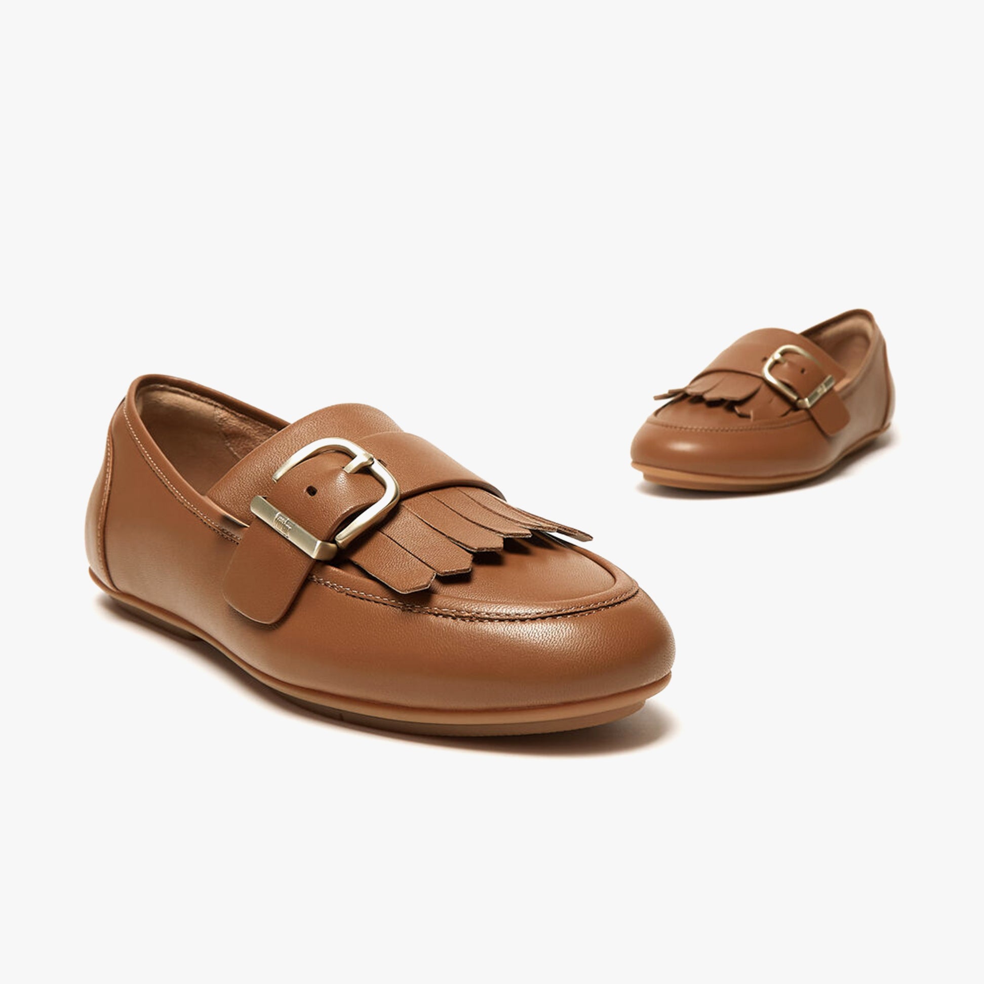 FitFlop ALLEGRO FRINGE BUCKLED Womens Loafers Light Tan side view with buckle and fringe details