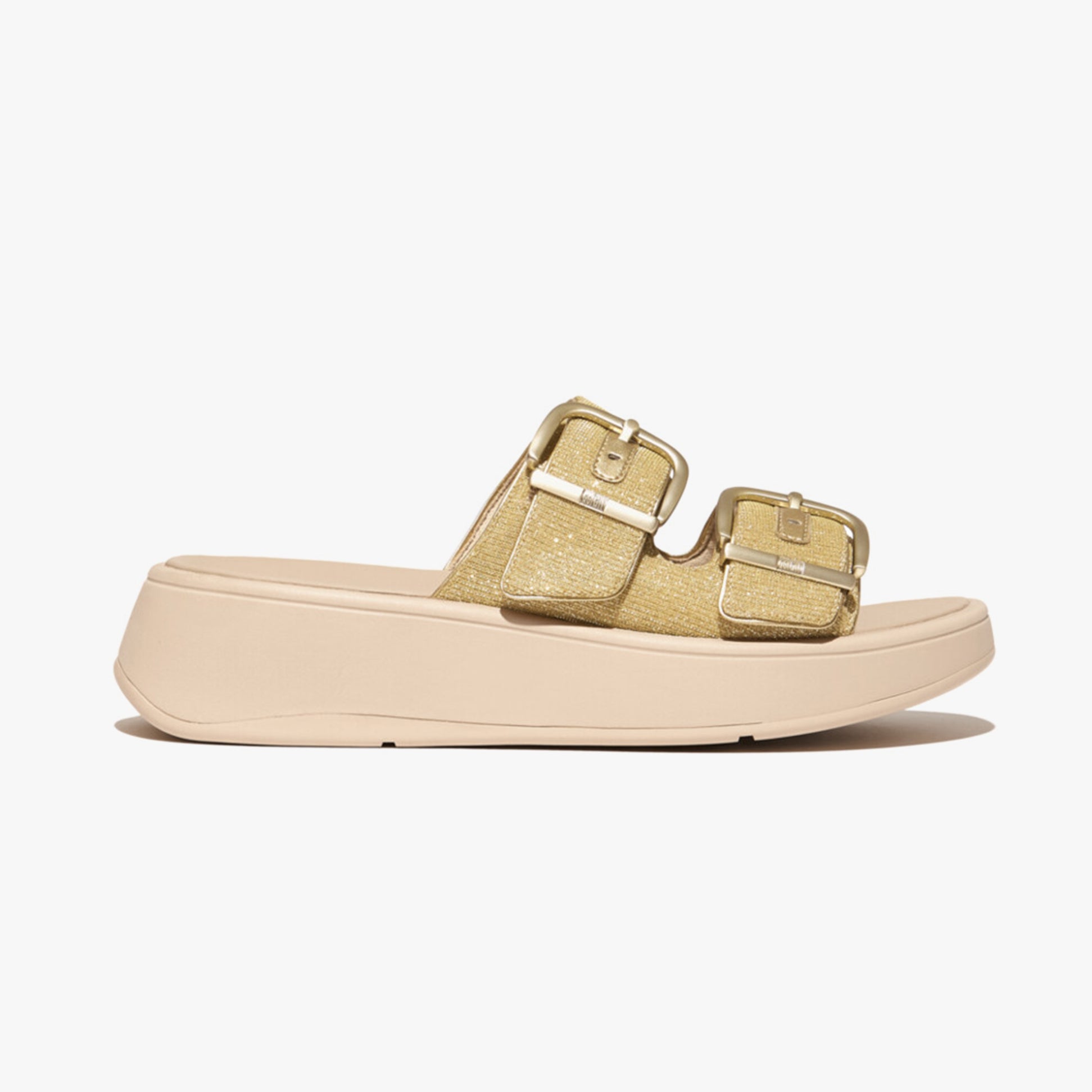 FitFlop F-MODE BUCKLE SHIMMERLUX FLATFORM TWO-BAR Womens Slides Platino