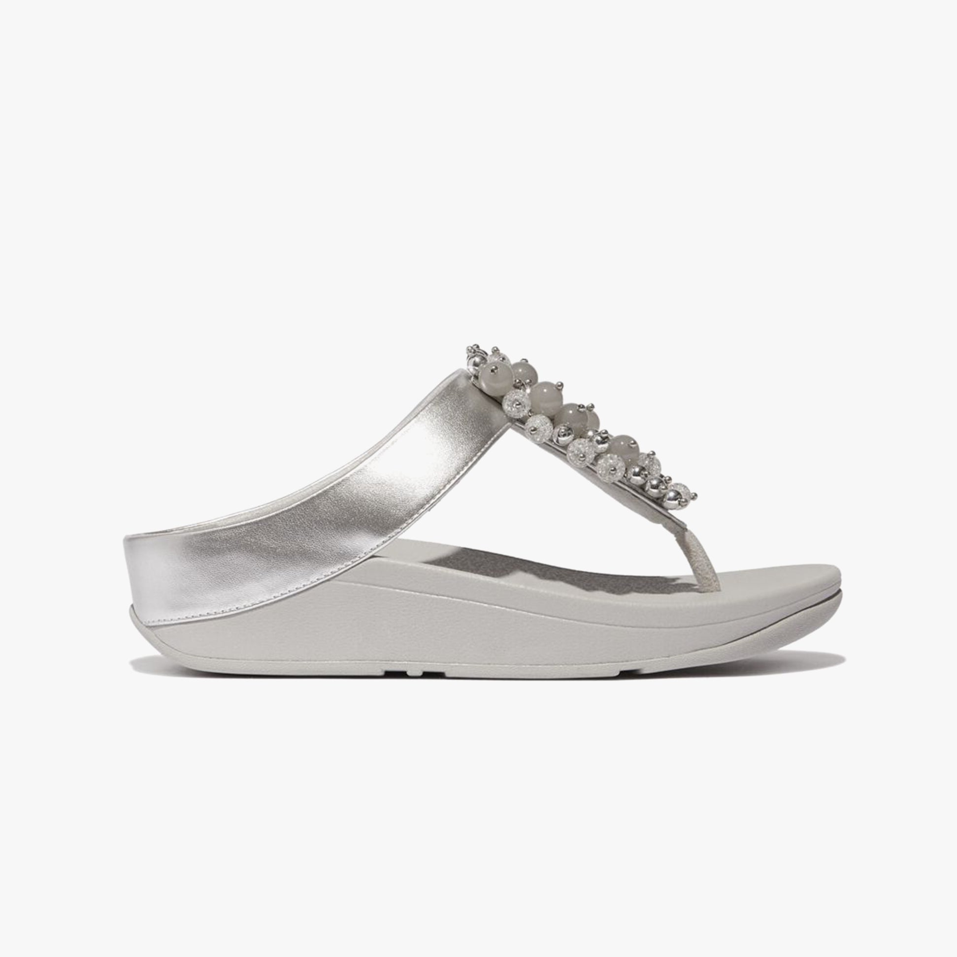 FitFlop FINO BAUBLE-BEAD Womens Toe Post Sandals Silver side view with decorative beads and low heel