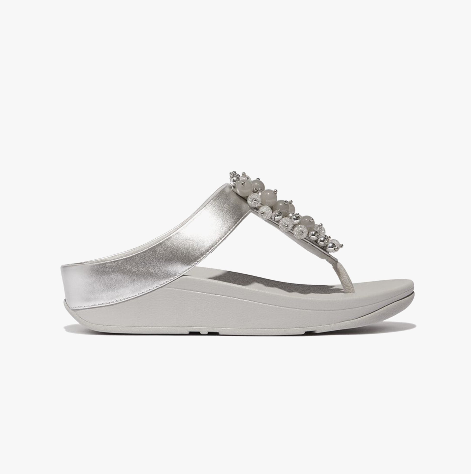 FitFlop FINO BAUBLE-BEAD Womens Toe Post Sandals Silver side view with decorative beads and low heel