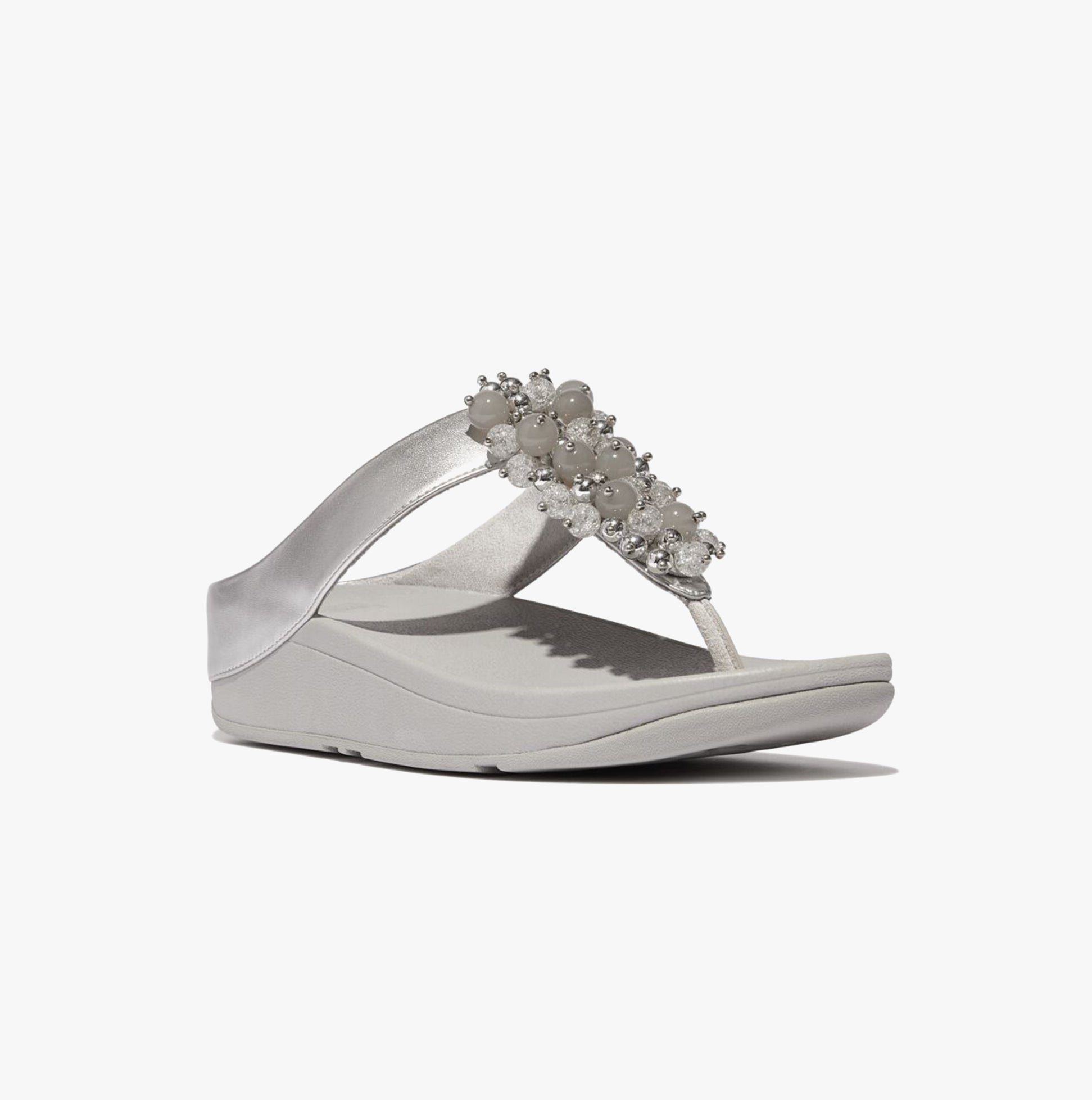 FitFlop FINO BAUBLE-BEAD Womens Toe Post Sandals Silver side view showcasing the beaded detail and comfortable sole.